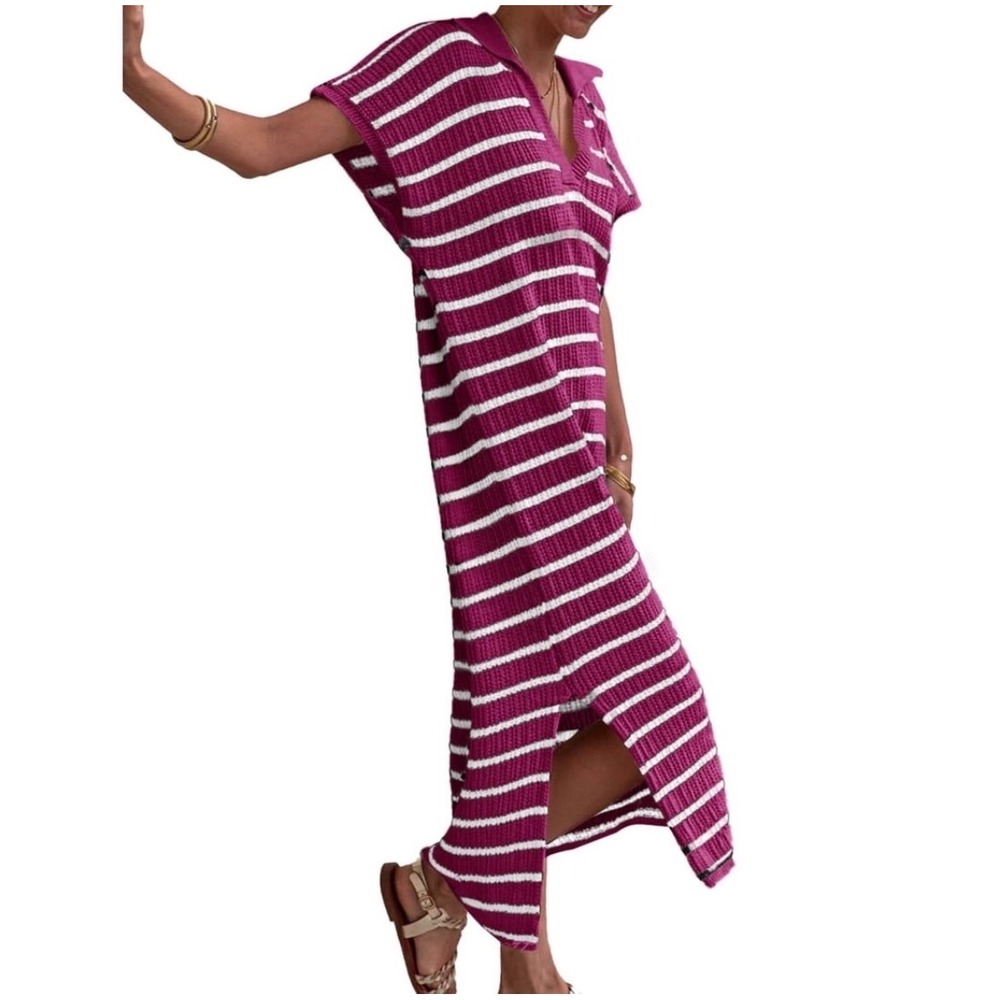 Fuchsia Pink Striped Knit Polo Maxi Dress Short Sleeve Side Slits Large